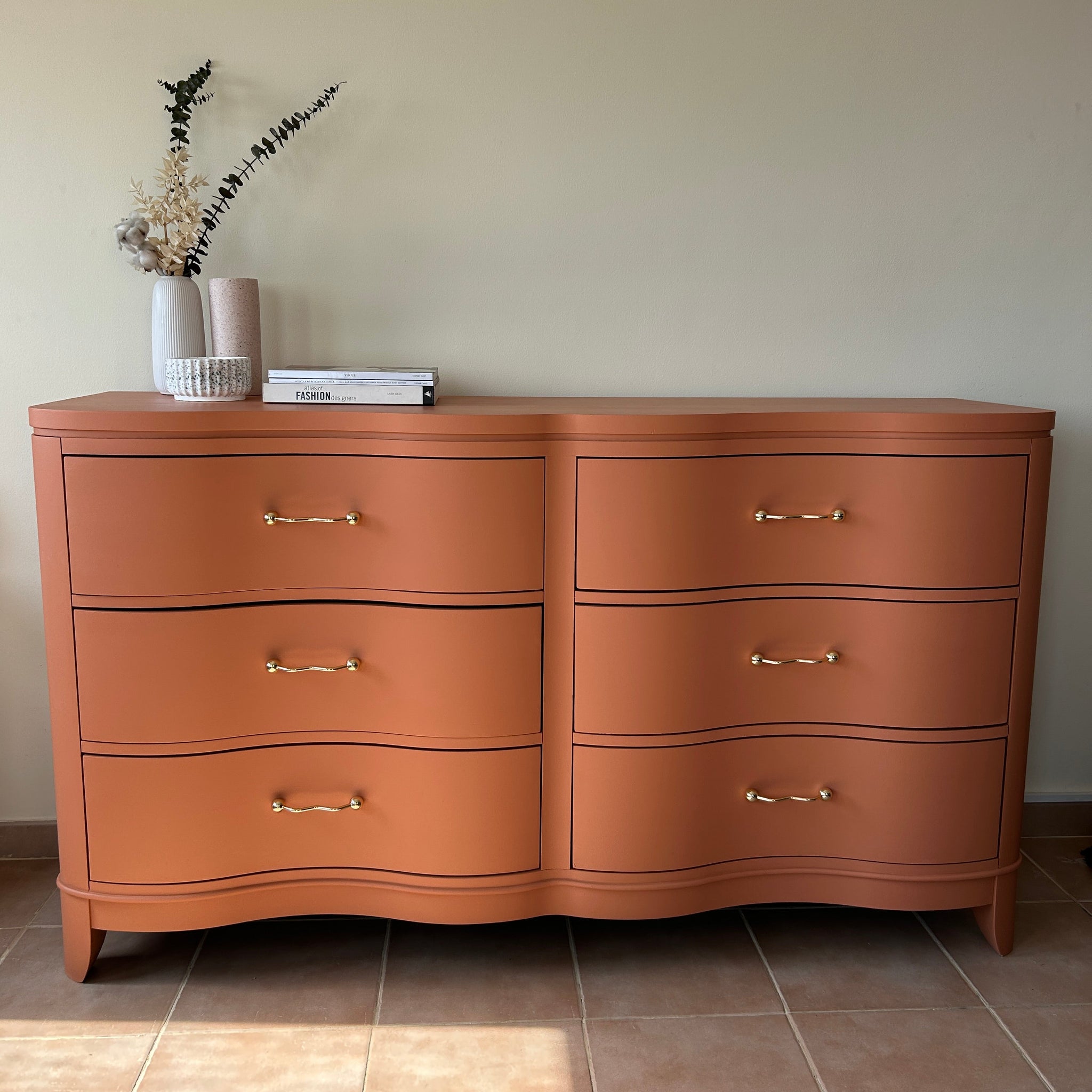 Newly Hand-Painted Art Deco Dresser & Mirror Set in Terracotta