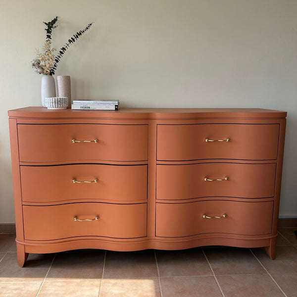 Newly Hand-Painted Art Deco Dresser & Mirror Set in Terracotta