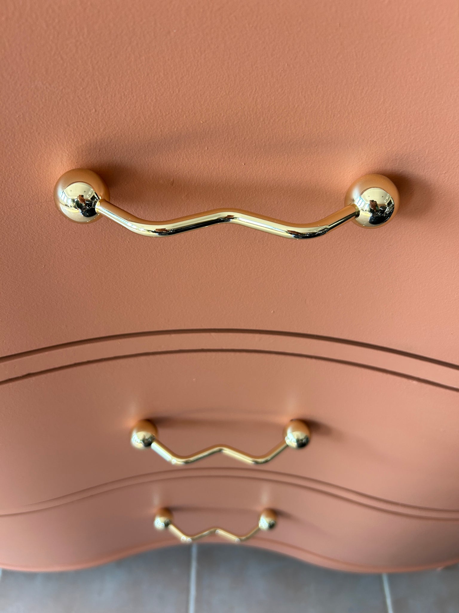 Newly Hand-Painted Art Deco Dresser & Mirror Set in Terracotta